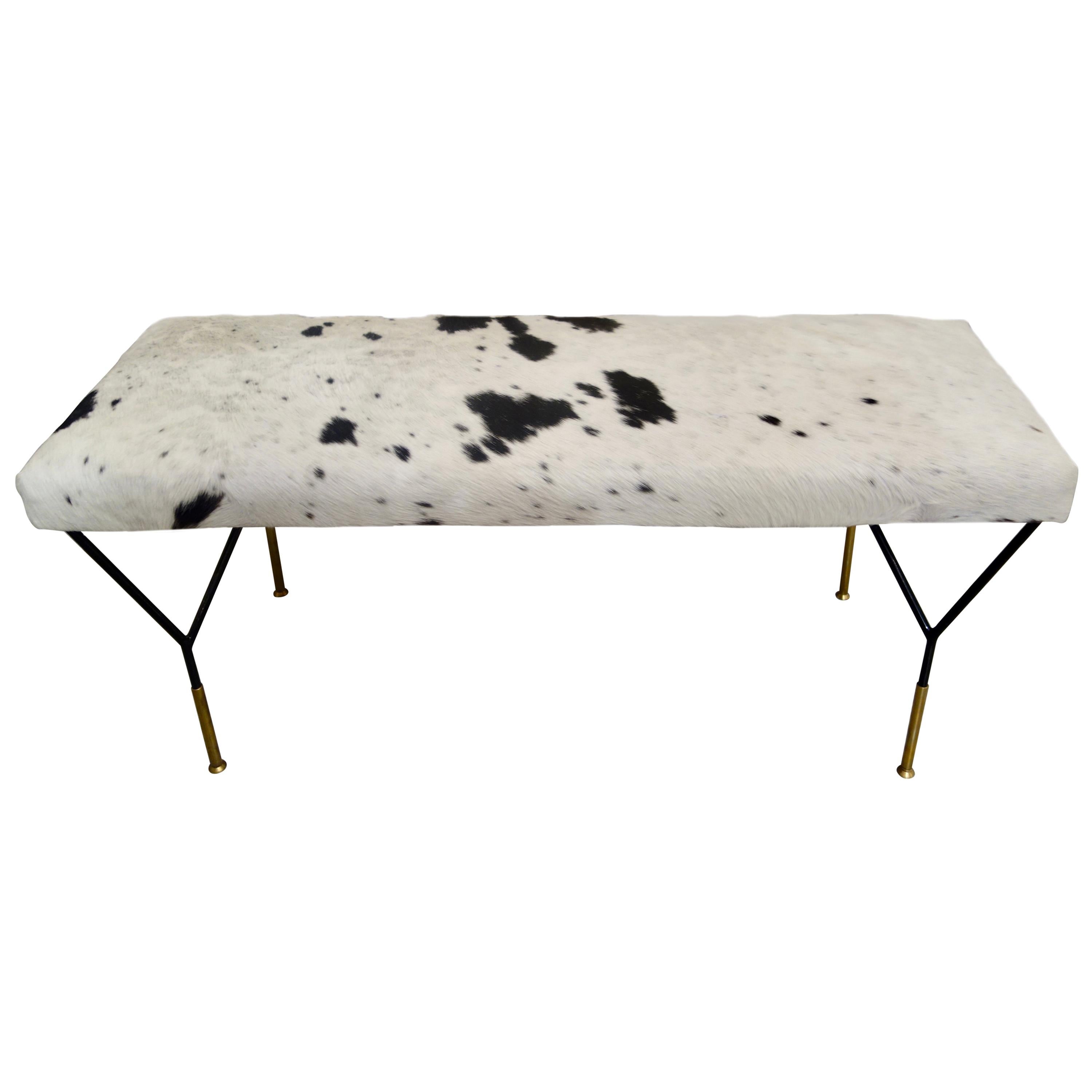 Italian Metal and Brass Midcentury Style Bench in White and Black Cowhide