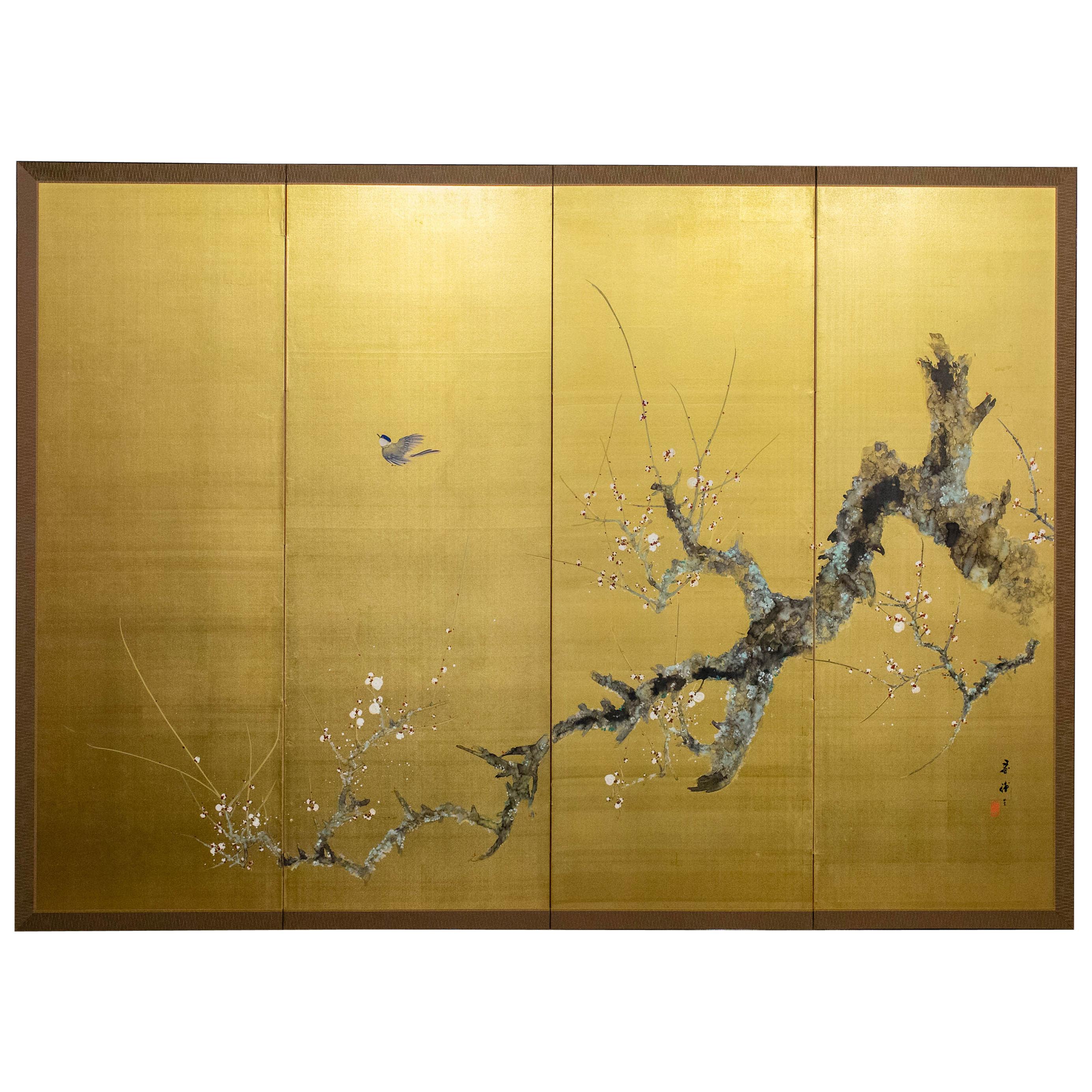 Japanese Four-Panel Screen "Old Plum on Gold"