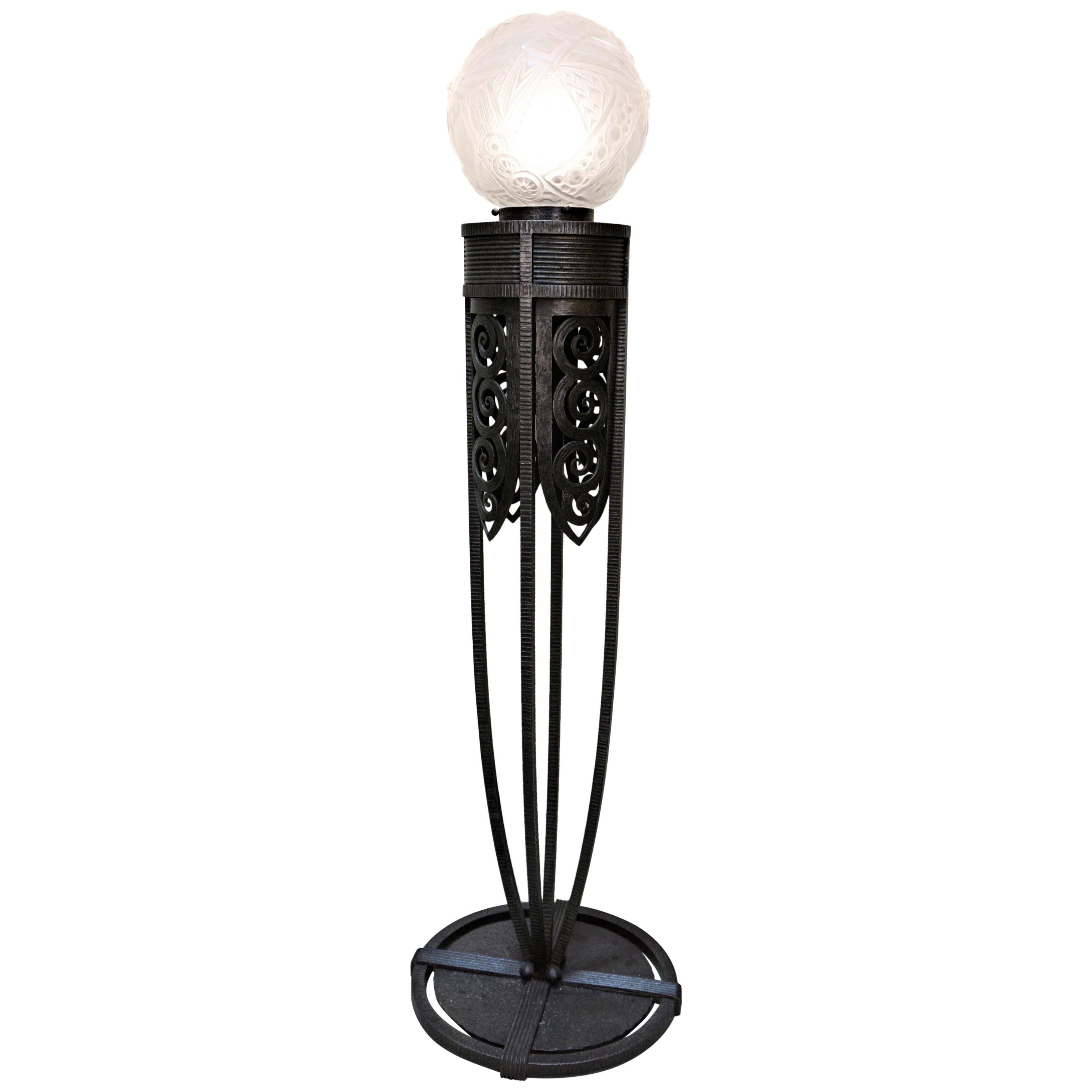 French Iron and Glass Art Deco Floor Lamp by Muller Freres