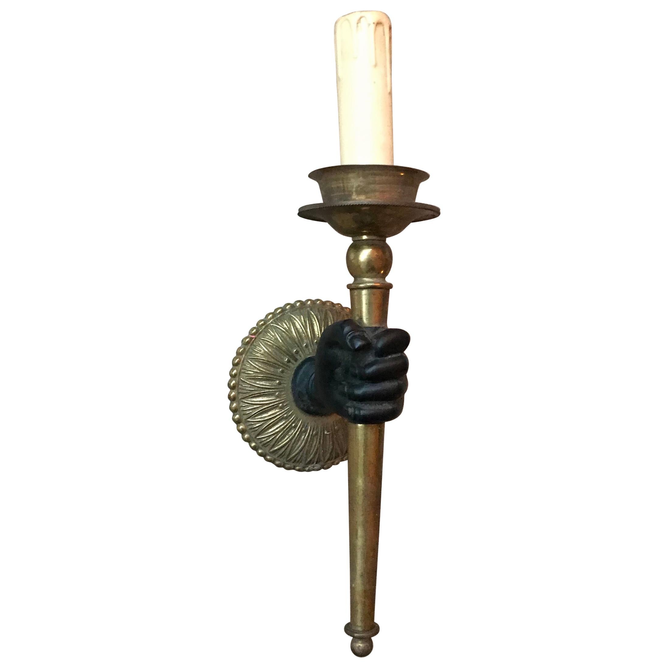 Striking Maison Baguès Style Solid Bronze Hand w. Brass Torch Wall Sconce / Lamp
