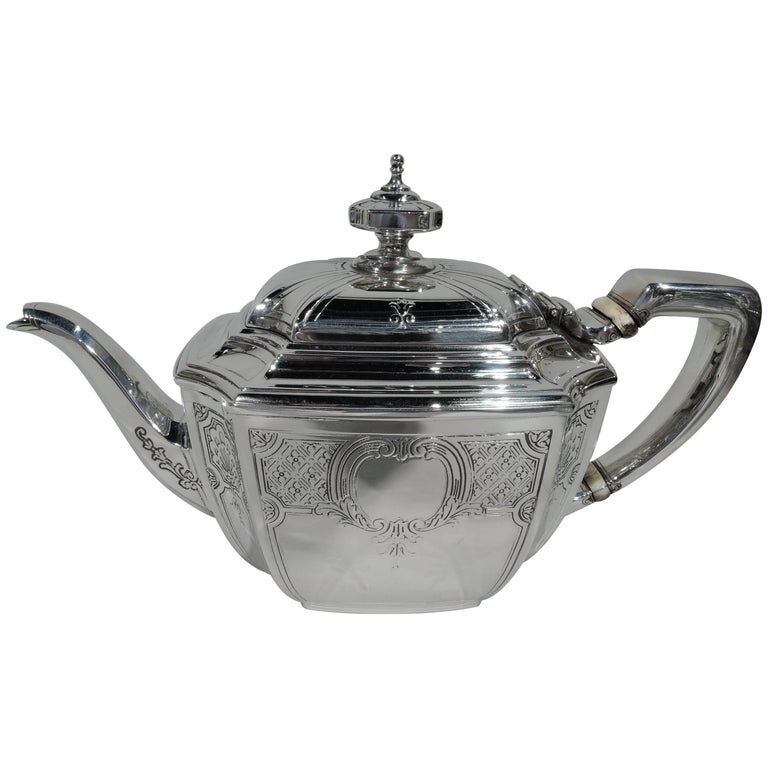 Antique Tiffany Sterling Silver Teapot in Engraved Hampton Pattern For