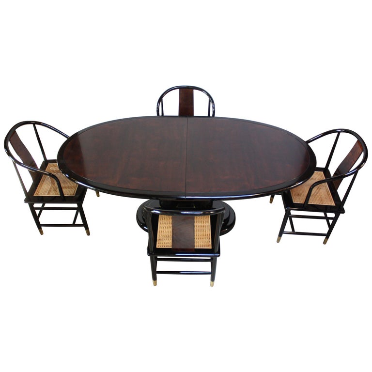 Magnificent henredon round dining table Vintage Henredon Black Lacquer And Burl Dining Set For Sale At 1stdibs