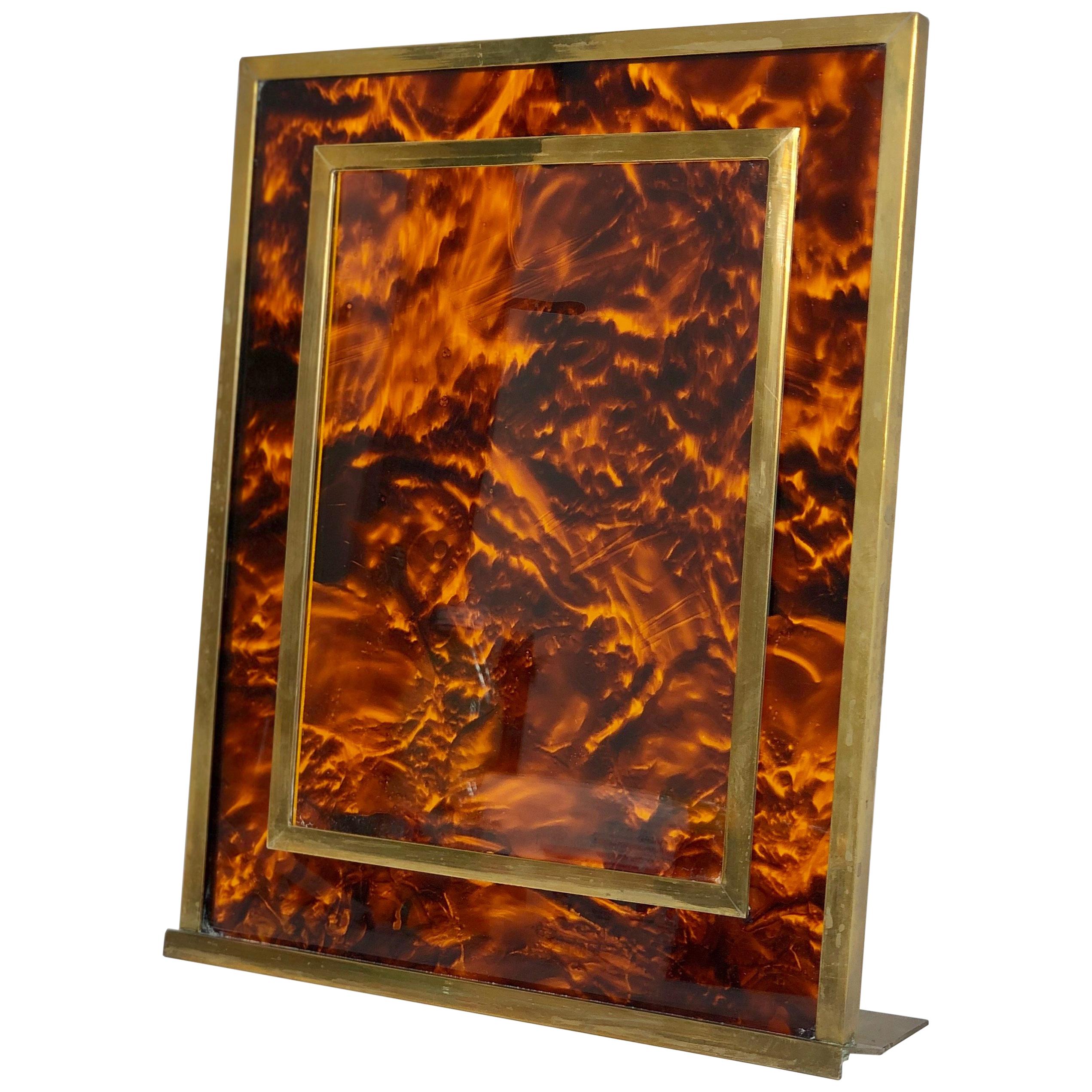 Tortoiseshell Lucite and Brass Picture Photo Frame Christian Dior Style, 1970s