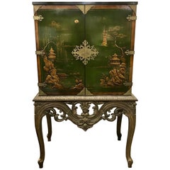 Asian Green Chinoiserie Cabinet Bar Sideboard Server Buffet on Carved Stand