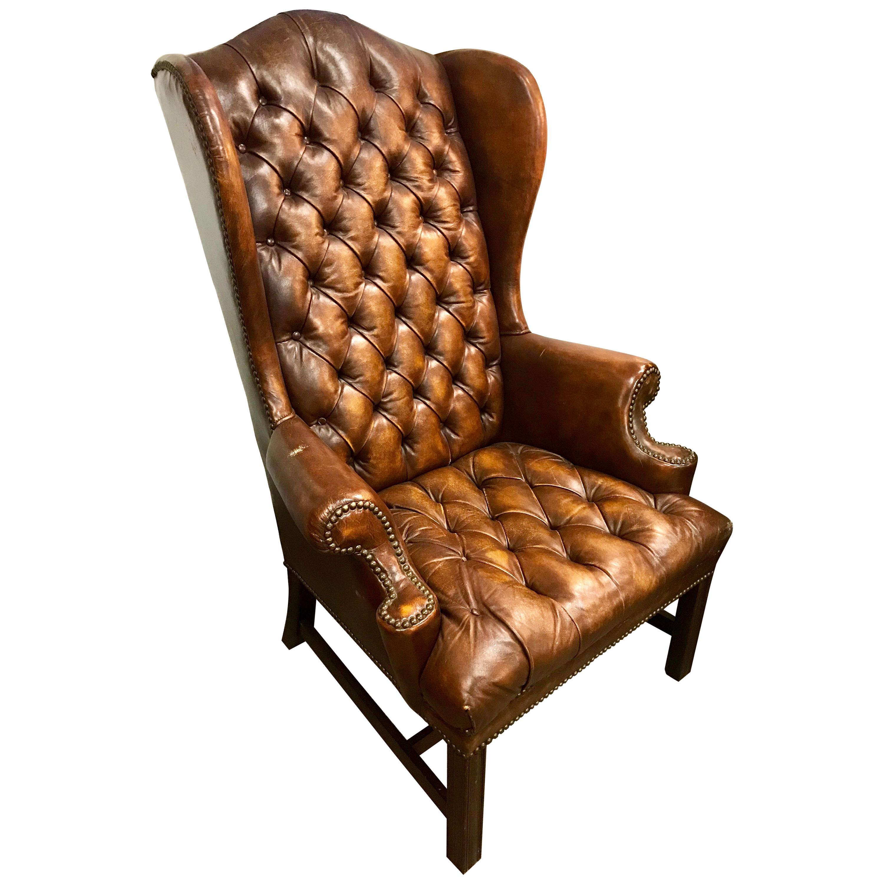 English Brown Leather Tufted Chesterfield Wingback Chair