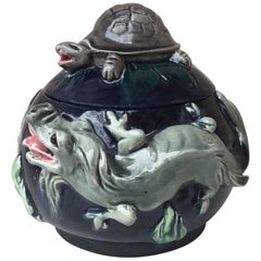 Antique Majolica Palissy Dragons Tobacco Jar Thomas Sergent, circa 1880