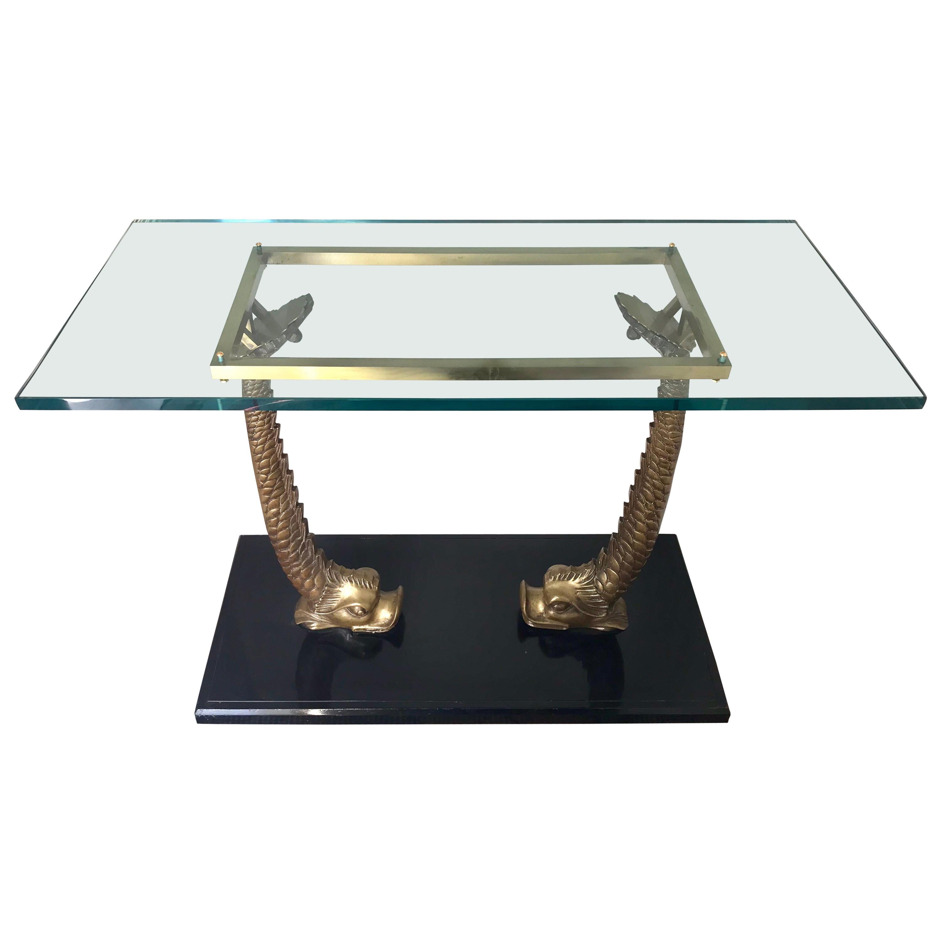 Brass Sculptural Koi Fish and Glass Console Table Made in Italy