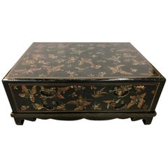 Black Lacquer Chinoiserie Large Coffee Cocktail Table Butterflies Eight Drawers