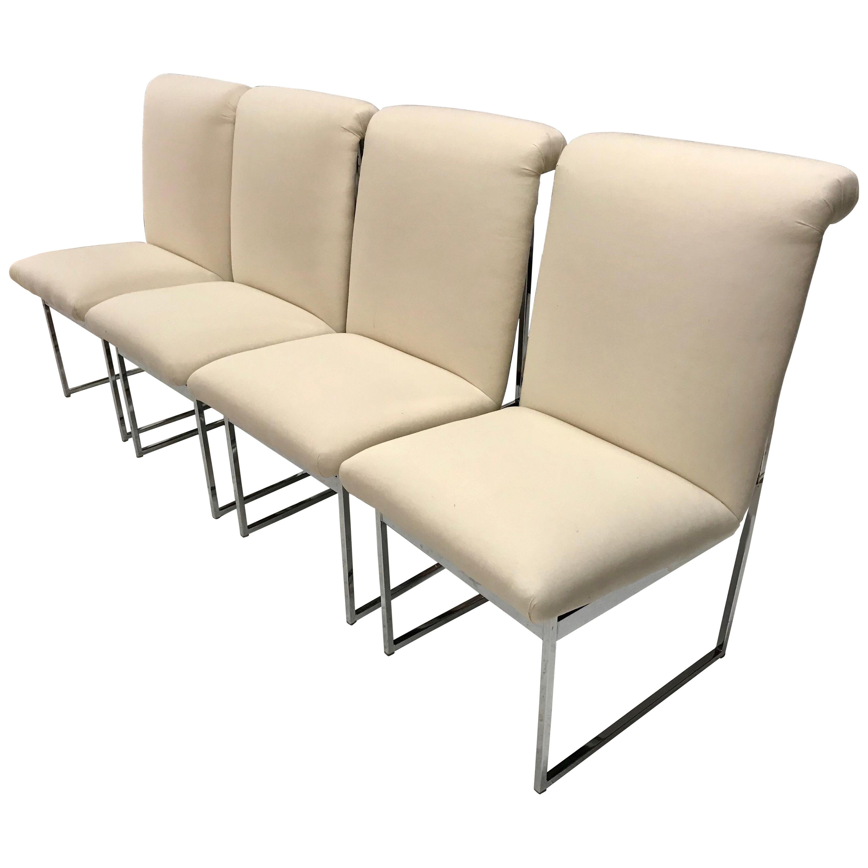 Set of Four Mid-Century Modern Milo Baughman Style Steel Chrome Dining Chairs