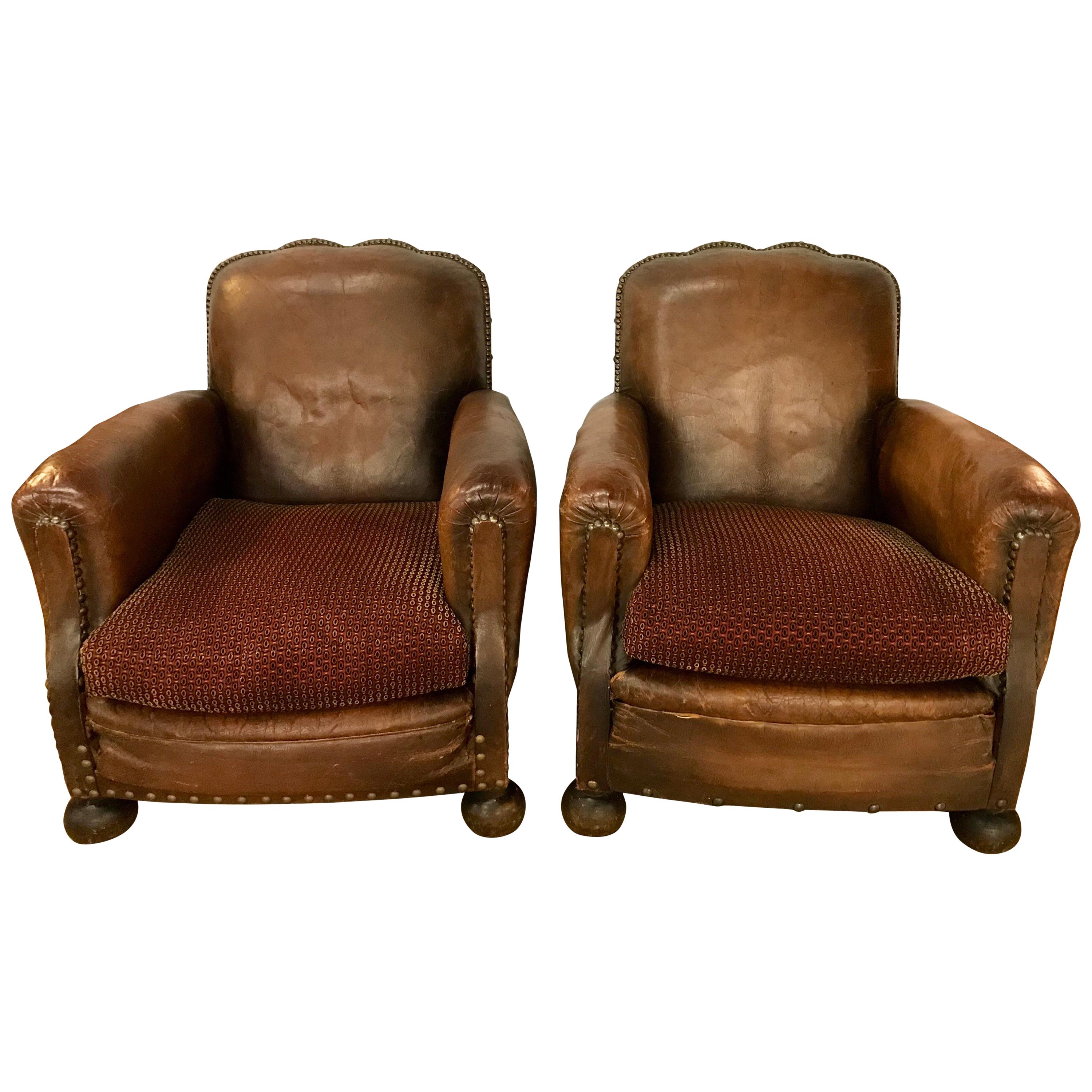 Pair of French Leather Cigar Club Chairs Armchairs
