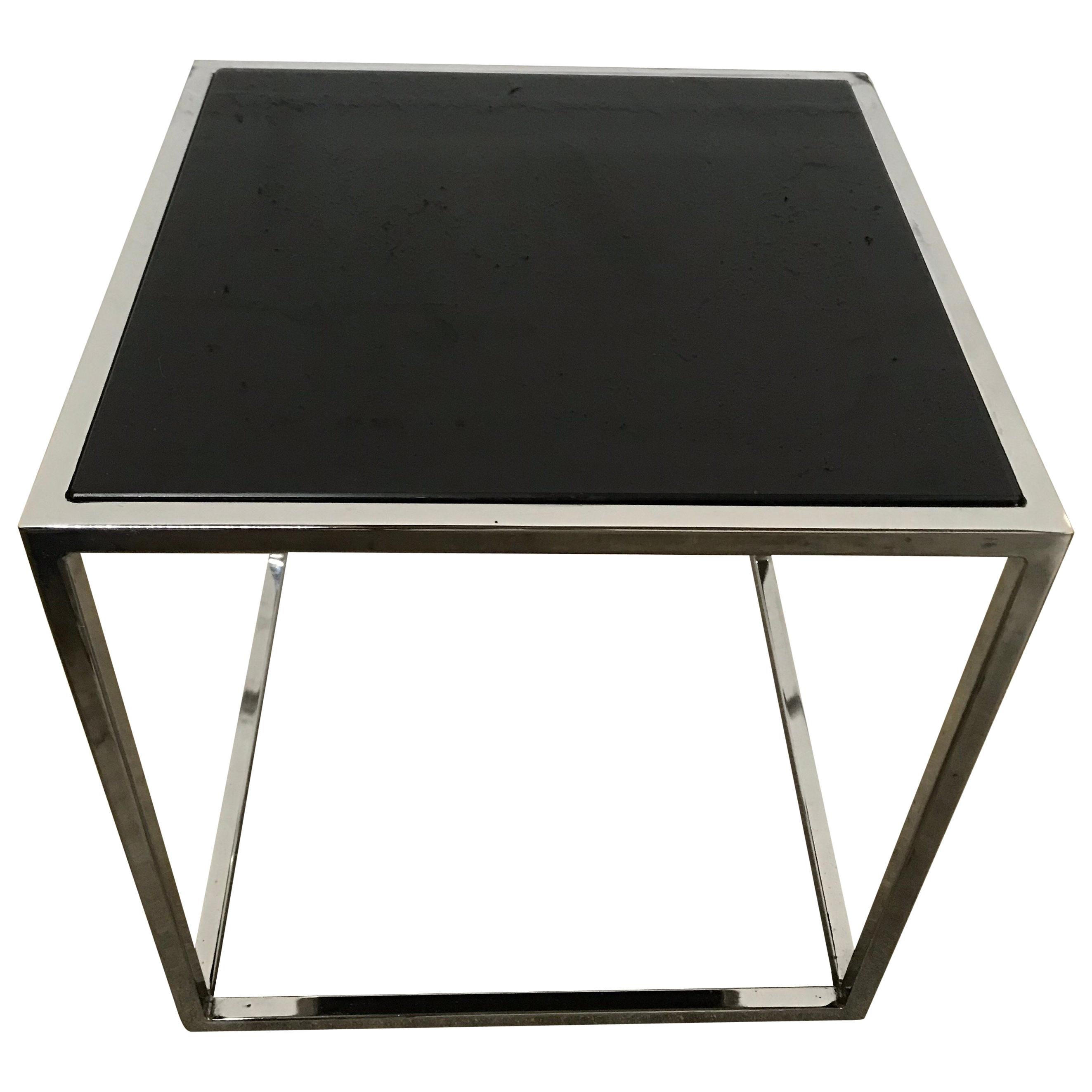 Milo Baughman Style Thin-Line Chrome and Black Glass Occasional Table