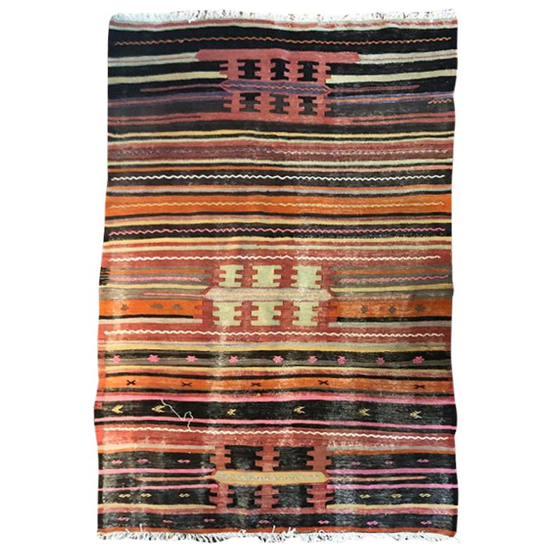 Vintage Turkish Oushak Striped Rug in Pink Orange Black Green and Yellow For Sale