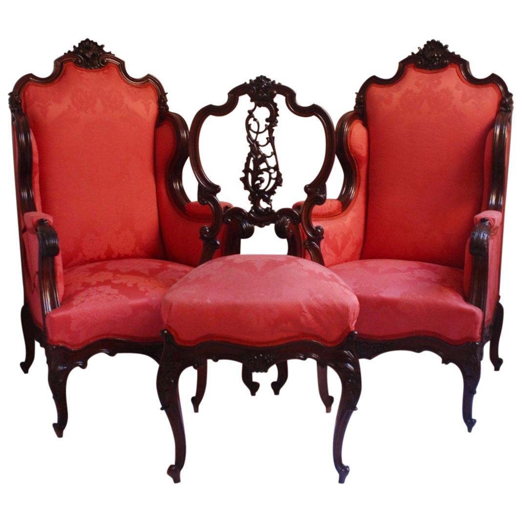 Midcentury Louis XV Style Red Silk Solid Wood Armchairs & Chair , 1950s For Sale