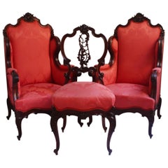 Midcentury Louis XV Style Red Silk Solid Wood Armchairs & Chair , 1950s