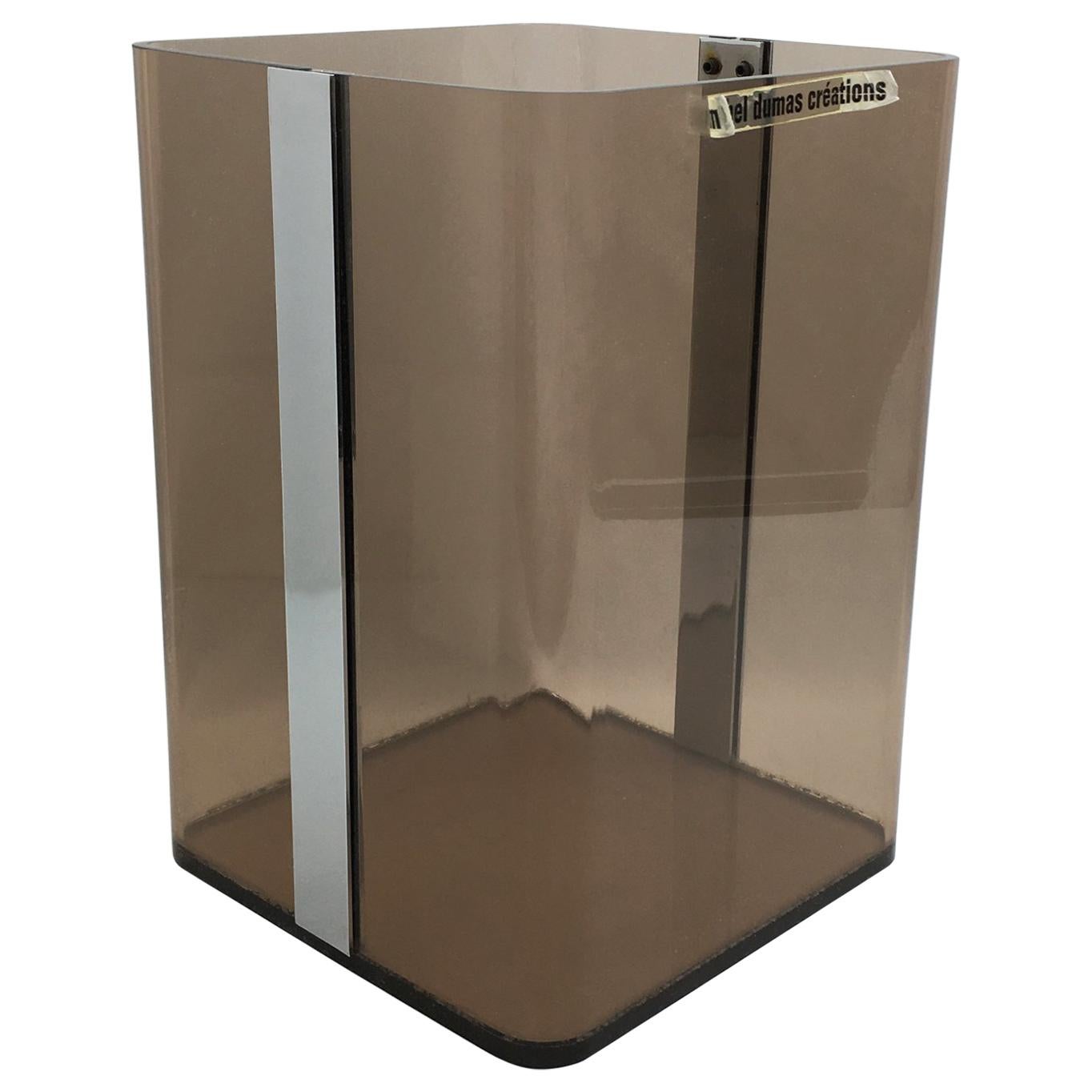 Michel Dumas for Roche Bobois 1970s Smoked Lucite and Chrome Paper Waste Basket