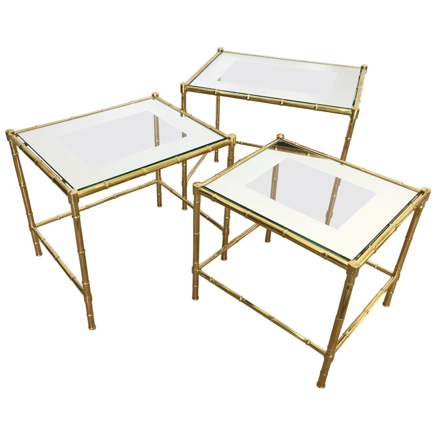 Maison Bagues France Trio of Brass Nesting Stacking Table, Faux Bamboo Design