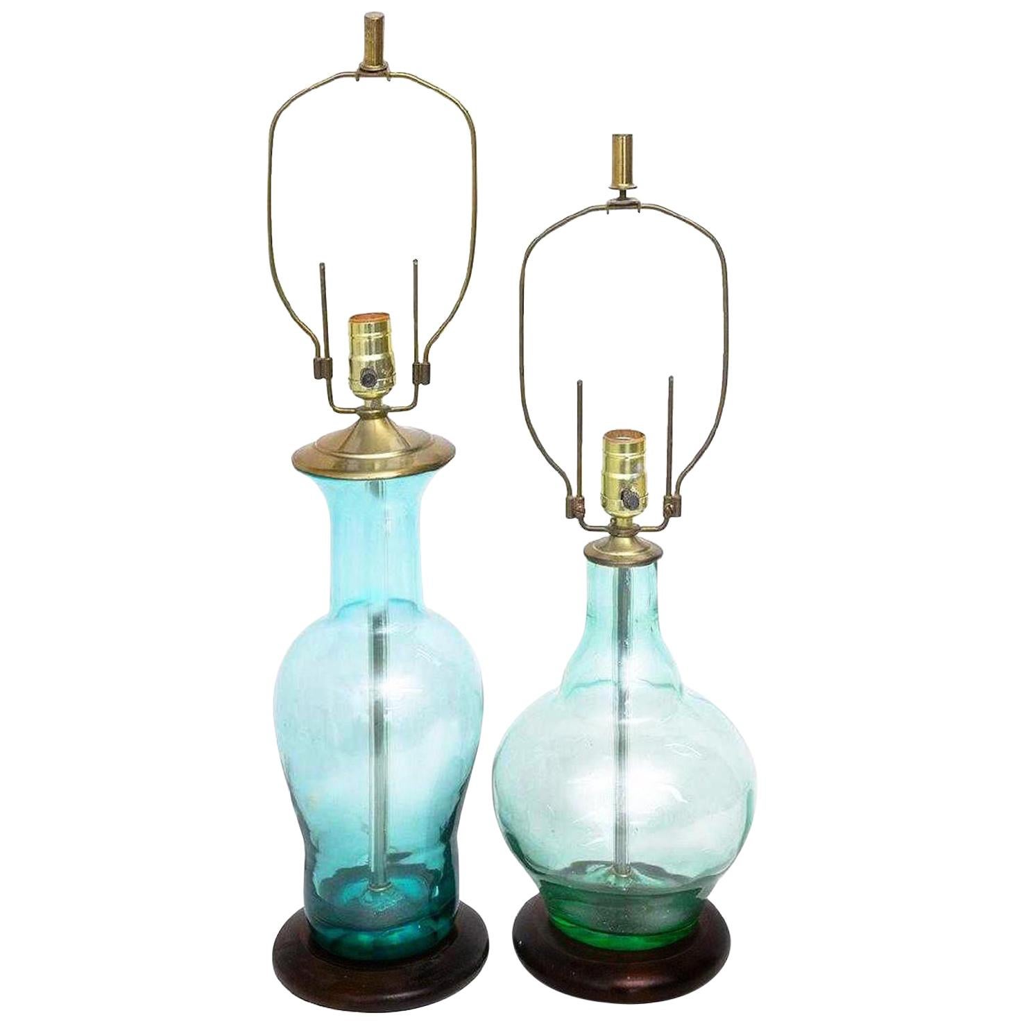 Blenko Midcentury Seafoam & Aqua Art Glass Table Lamp Pair, Scandinavian Modern