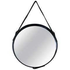 Jacques Adnet 1950s Hand-Stitched Black Leather Wall Mirror