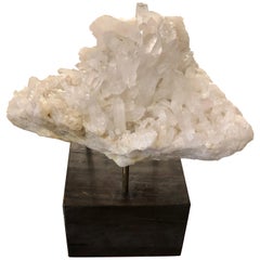 Large Rock Crystal Cluster on Brass and Wood Plinth
