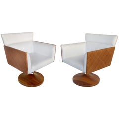 Saccaro Brazilian Caned Swivel Chairs with Wood Bases, Pair