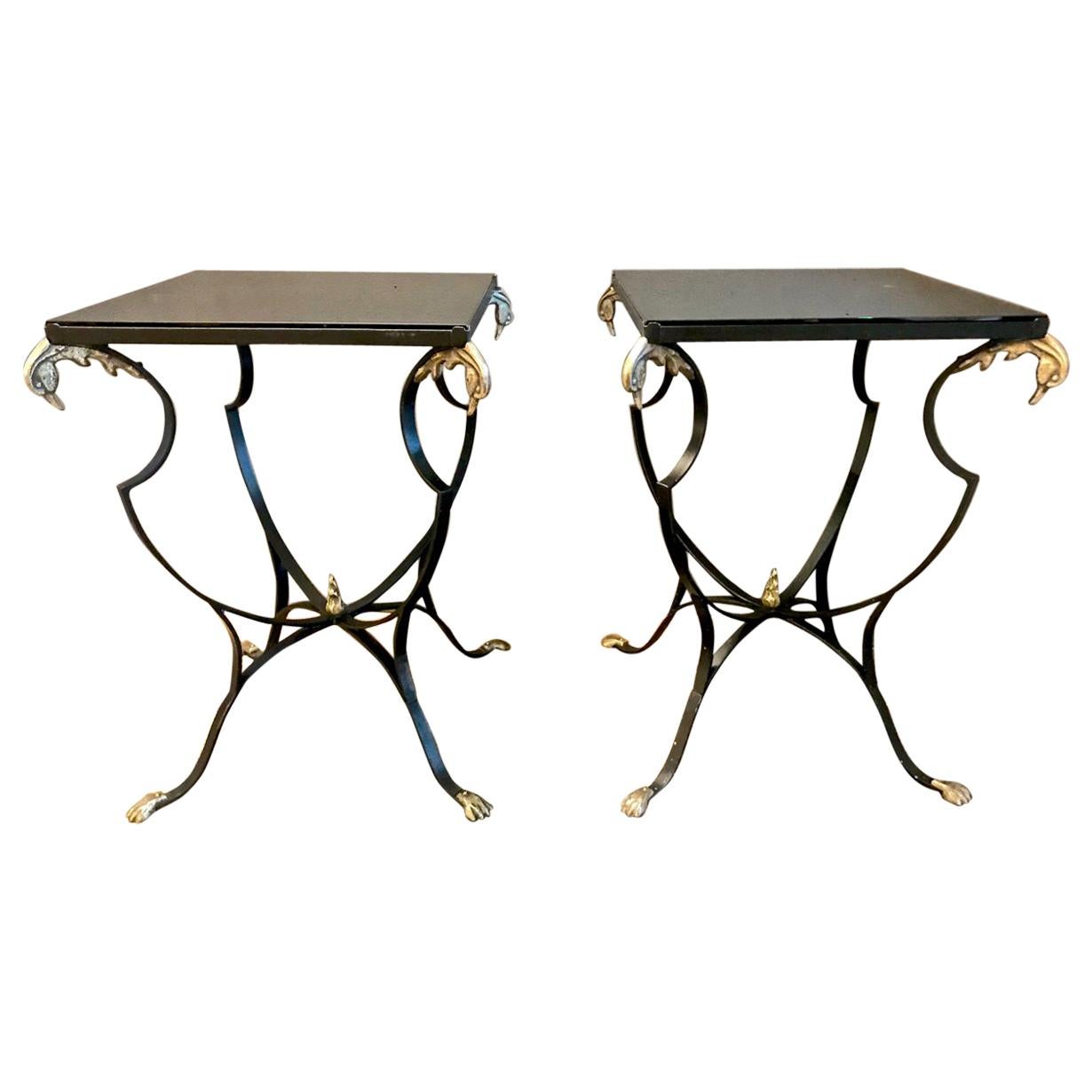 Pair of French Art Deco Forged Iron and Brass Side Tables