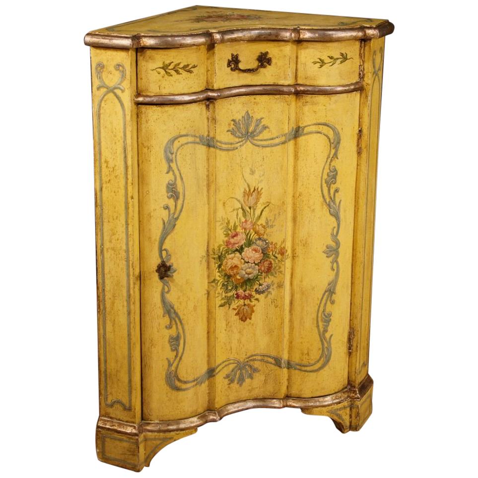 20th Century Yellow Lacquered And Painted Wood Venetian Corner Cabinet, 1960