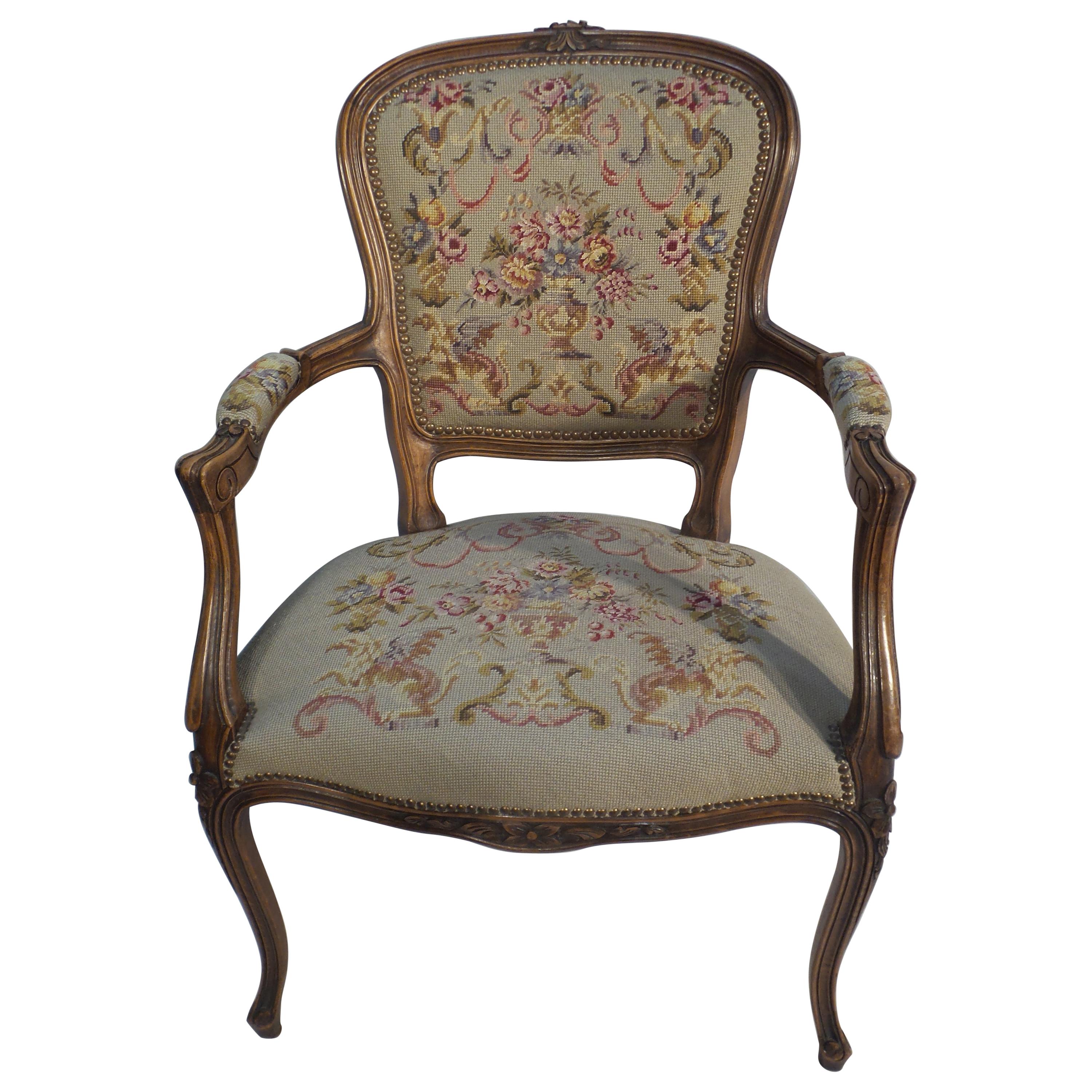 Antique French Handmade petit point Tapestry Armchair c 1920 For Sale