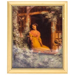 Antique Victorian Crystoleum Picture Painting of a Lady by a Window 19th Century