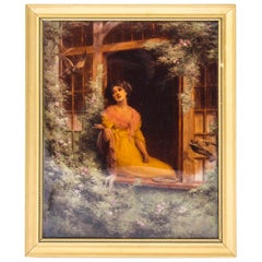 Ancienne peinture victorienne de Crystoleum représentant une femme par une fenêtre 19ème siècle