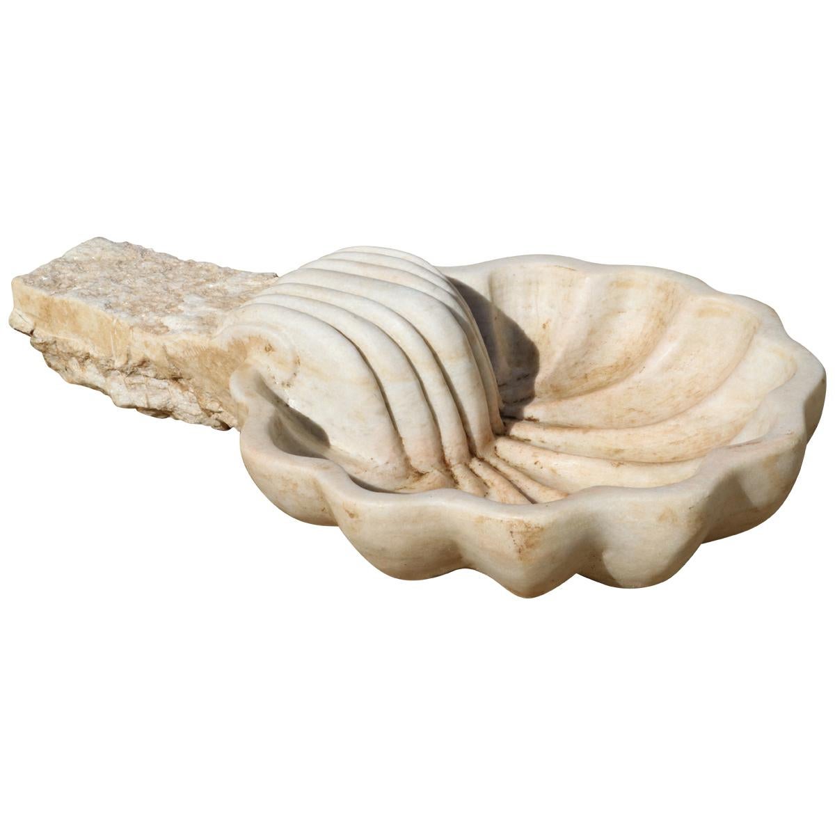1990s Spanish Hand Carved Aged White Marble Seashell