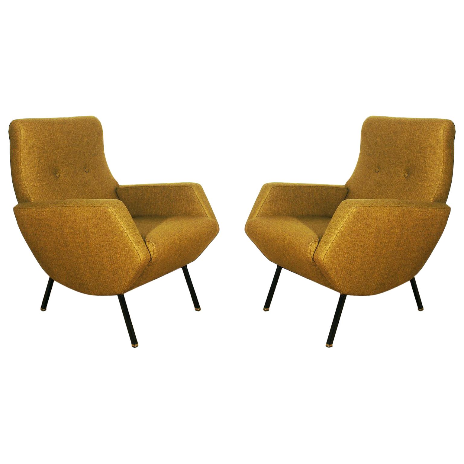 1960s Pair of Armchairs, Wrought Iron, Brass, Mottled Yellow Fabric, Italy