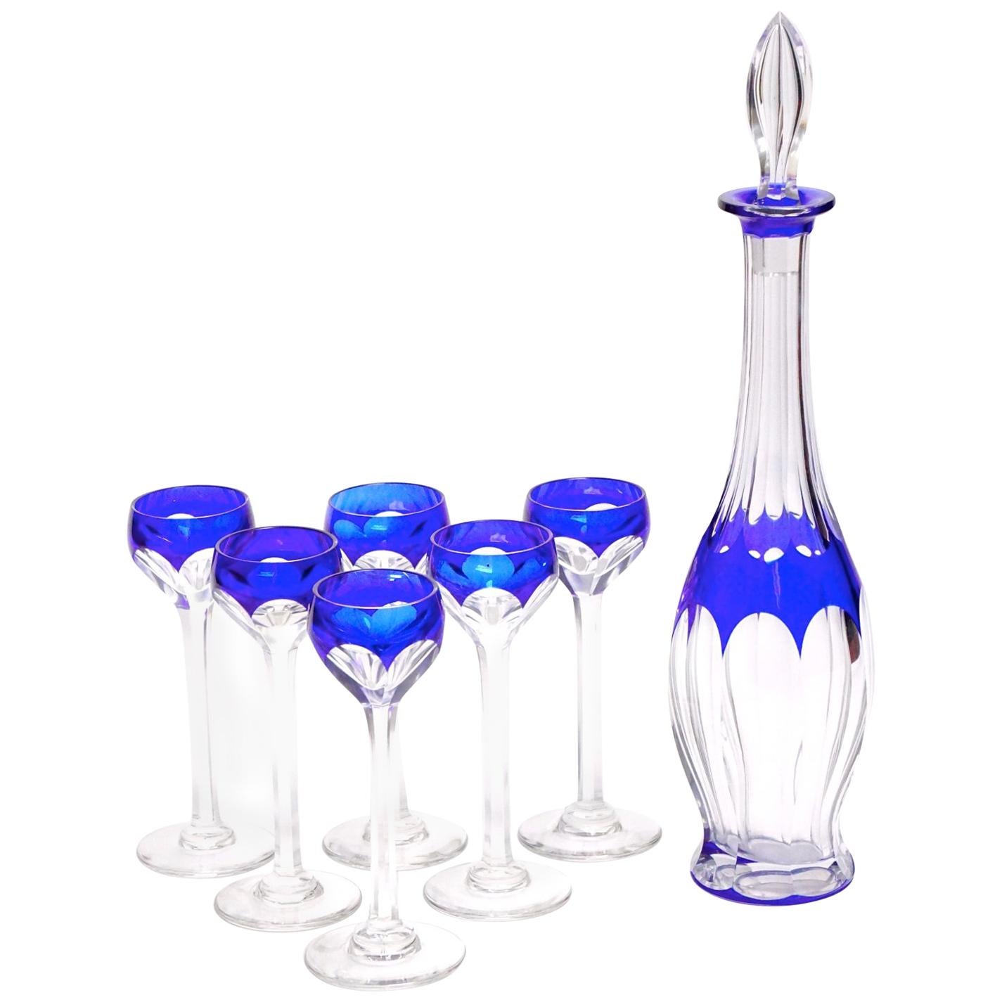 Art Deco Crystal Blue Liquor Service Decanter and Glasses