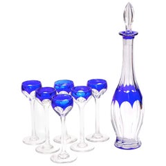 Art Deco Crystal Blue Liquor Service Decanter and Glasses