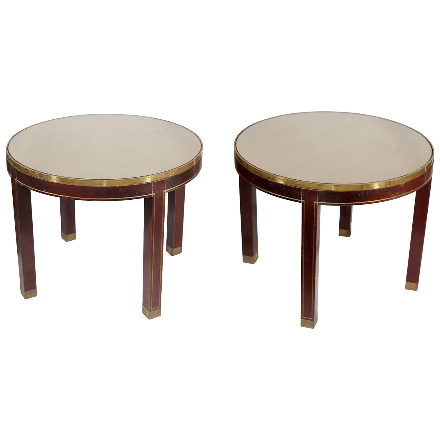 Spanish, 1970s, Pair of Round Mahogany Wood and Brass Side Tables For Sale