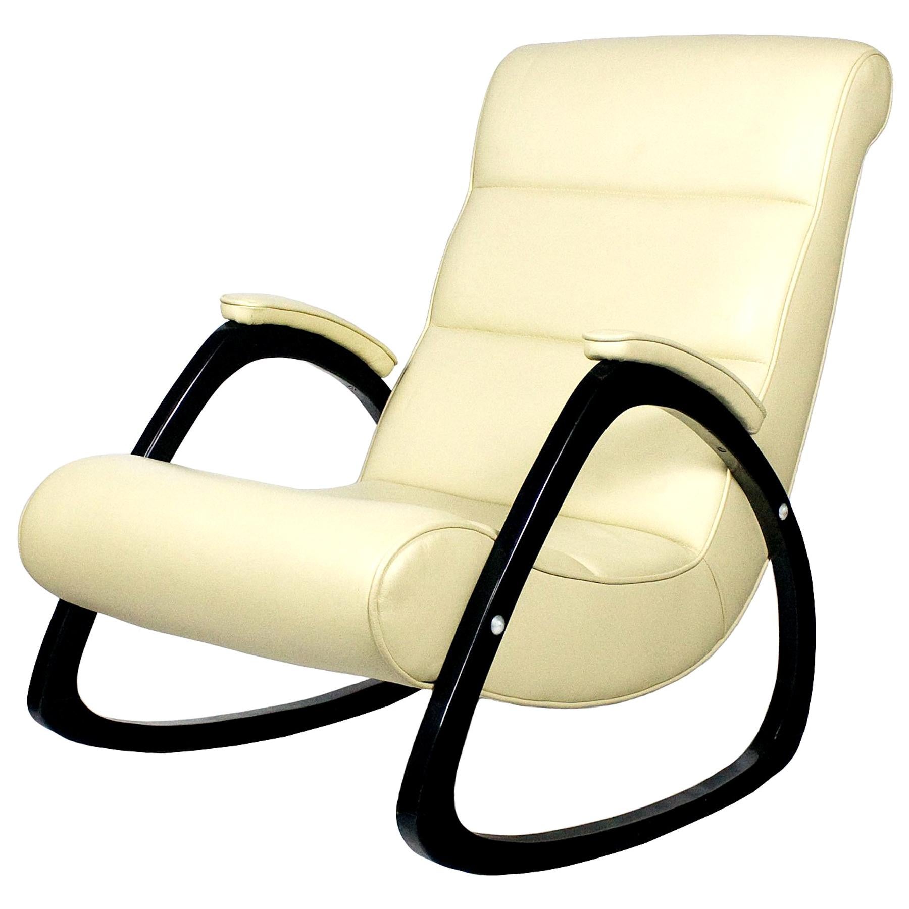 Mid-Century Modern Rocking Chair In Beechwood With  Ivory Leather - Spain For Sale