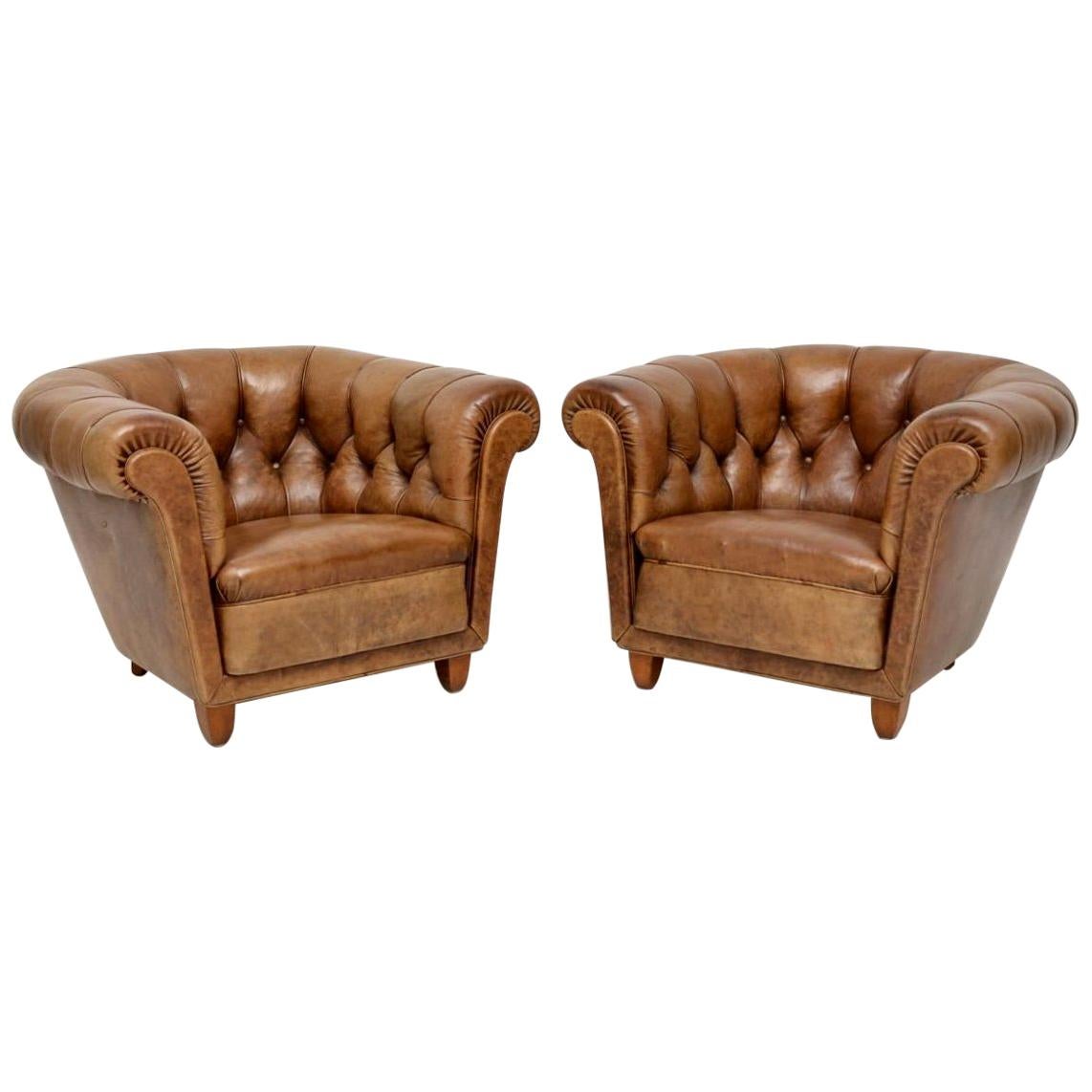  Pair of Antique Swedish Leather Chesterfield Armchairs