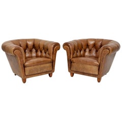  Pair of Vintage Swedish Leather Chesterfield Armchairs