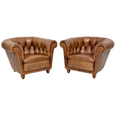  Pair of Antique Swedish Leather Chesterfield Armchairs