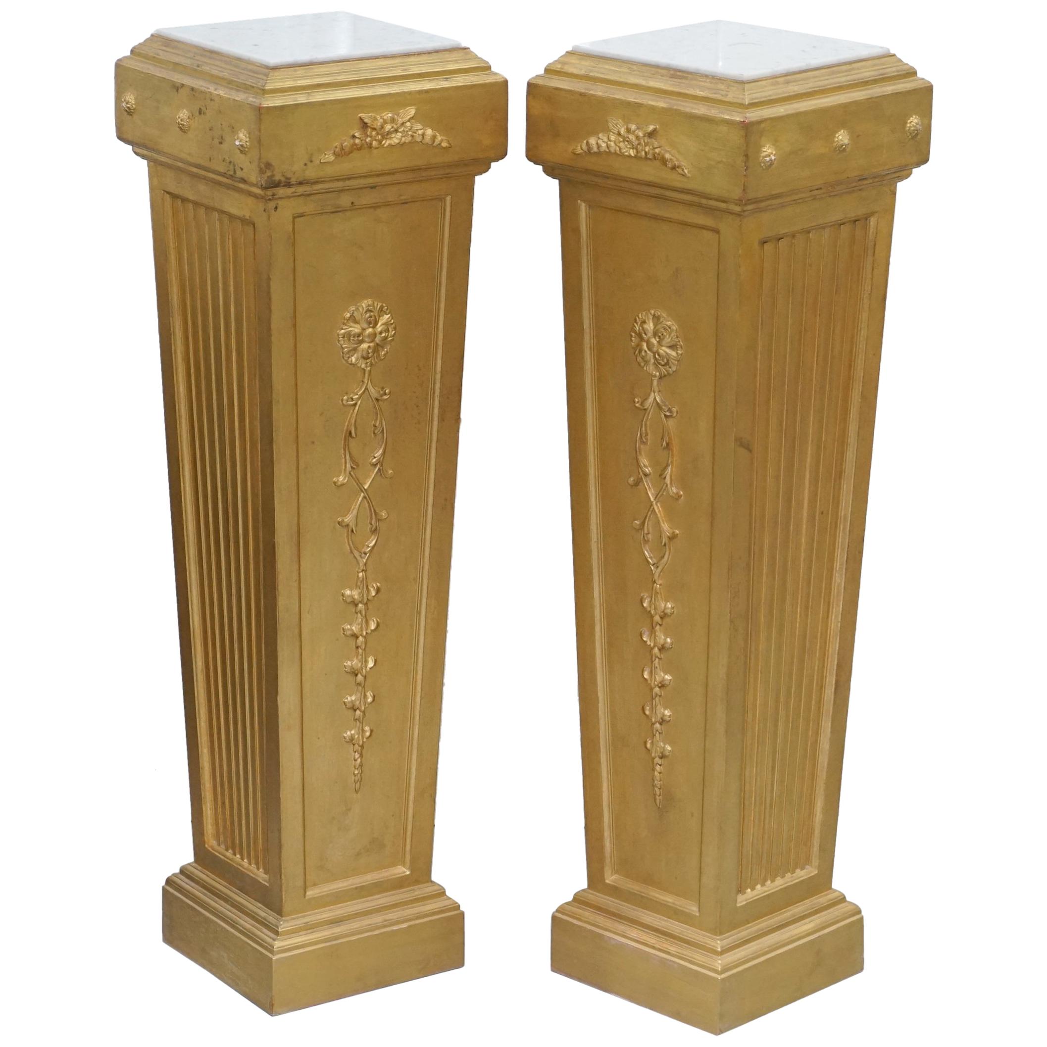 Pair of French 19th Century Giltwood Louis XVI Carrara Marble Pedestal Columns