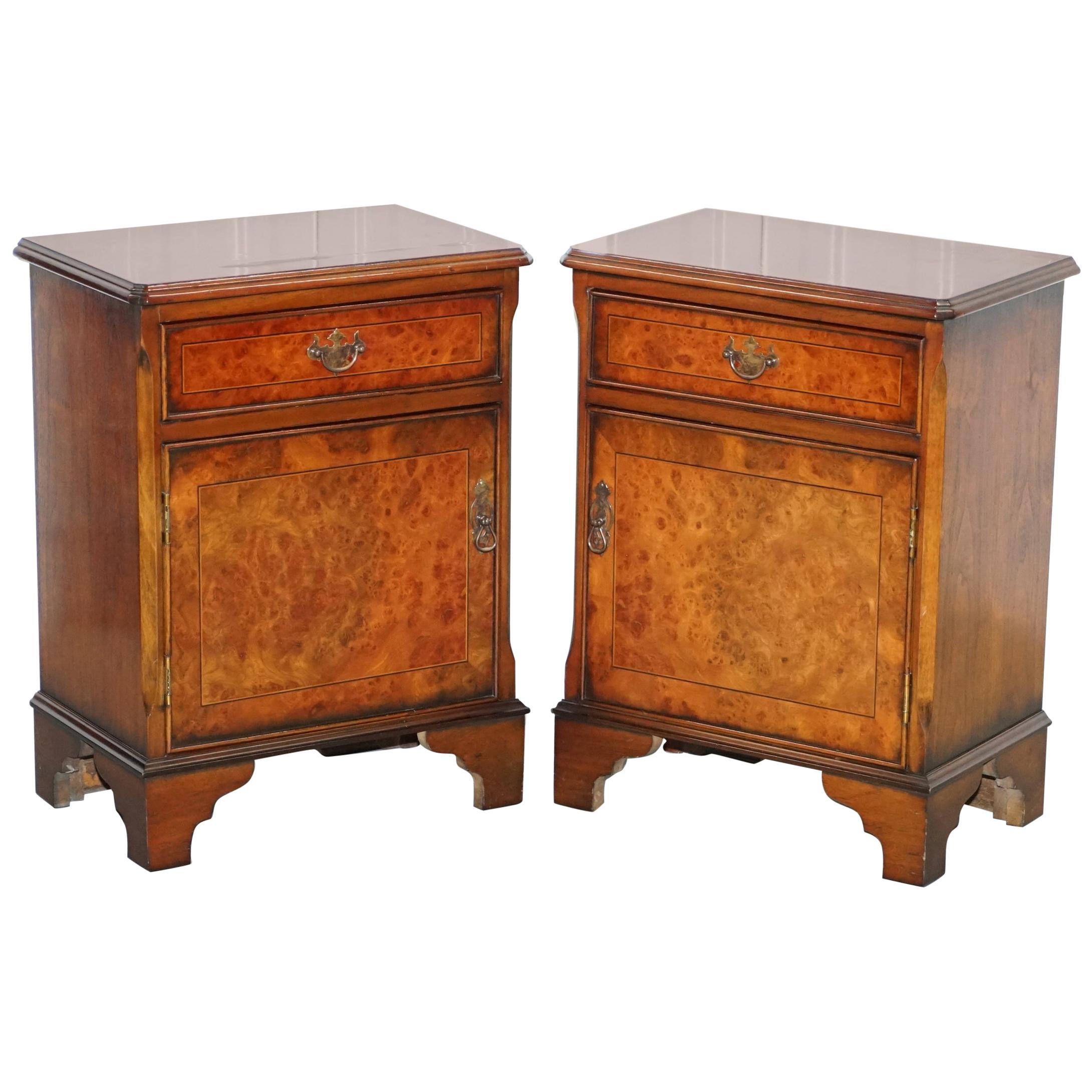 Pair of Vintage Burr Walnut Wood Lamp Side End Wine Table Cupboards with Drawers