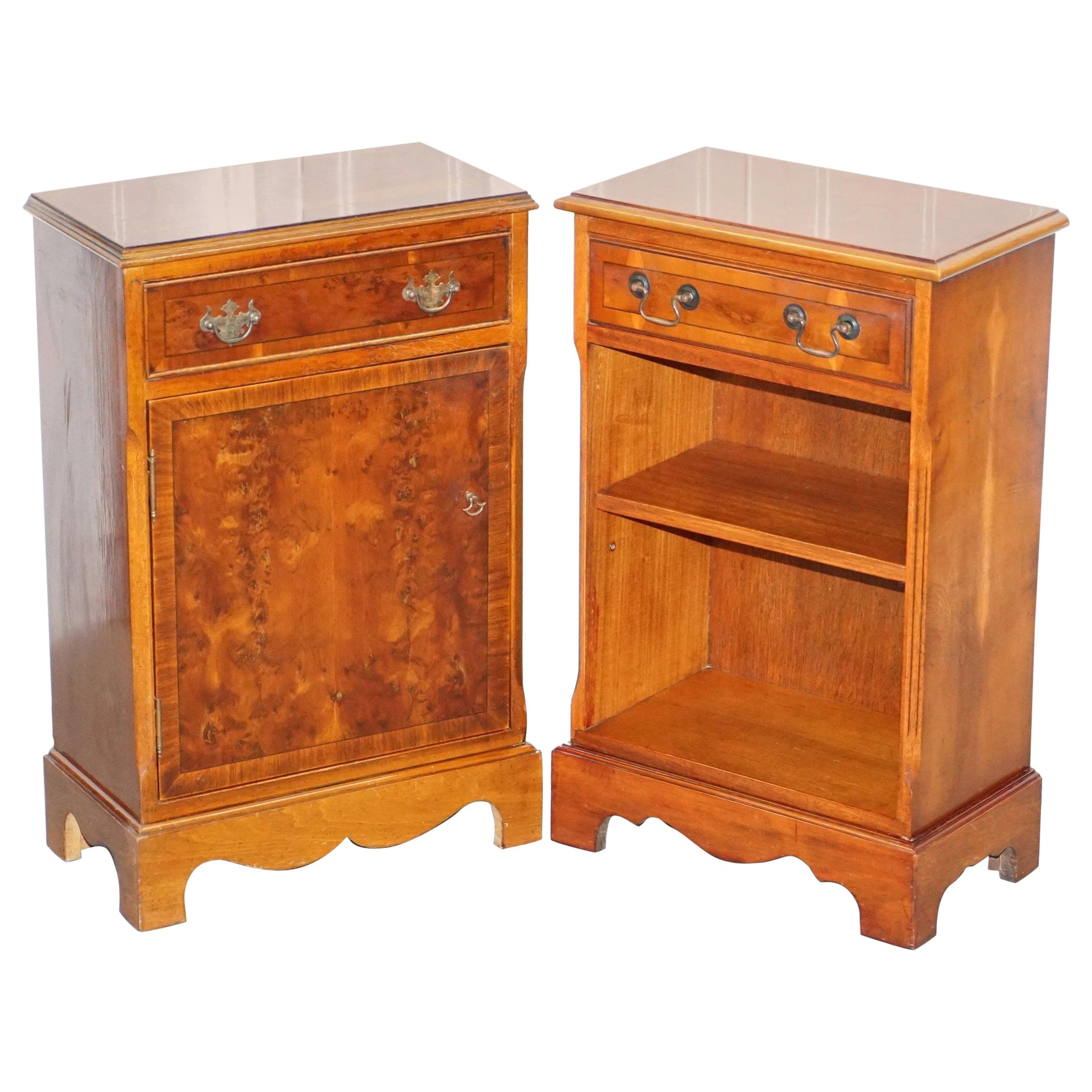 Pair of Vintage Burl Yew Wood Lamp, End or Wine Table Cupboards with Drawers For Sale