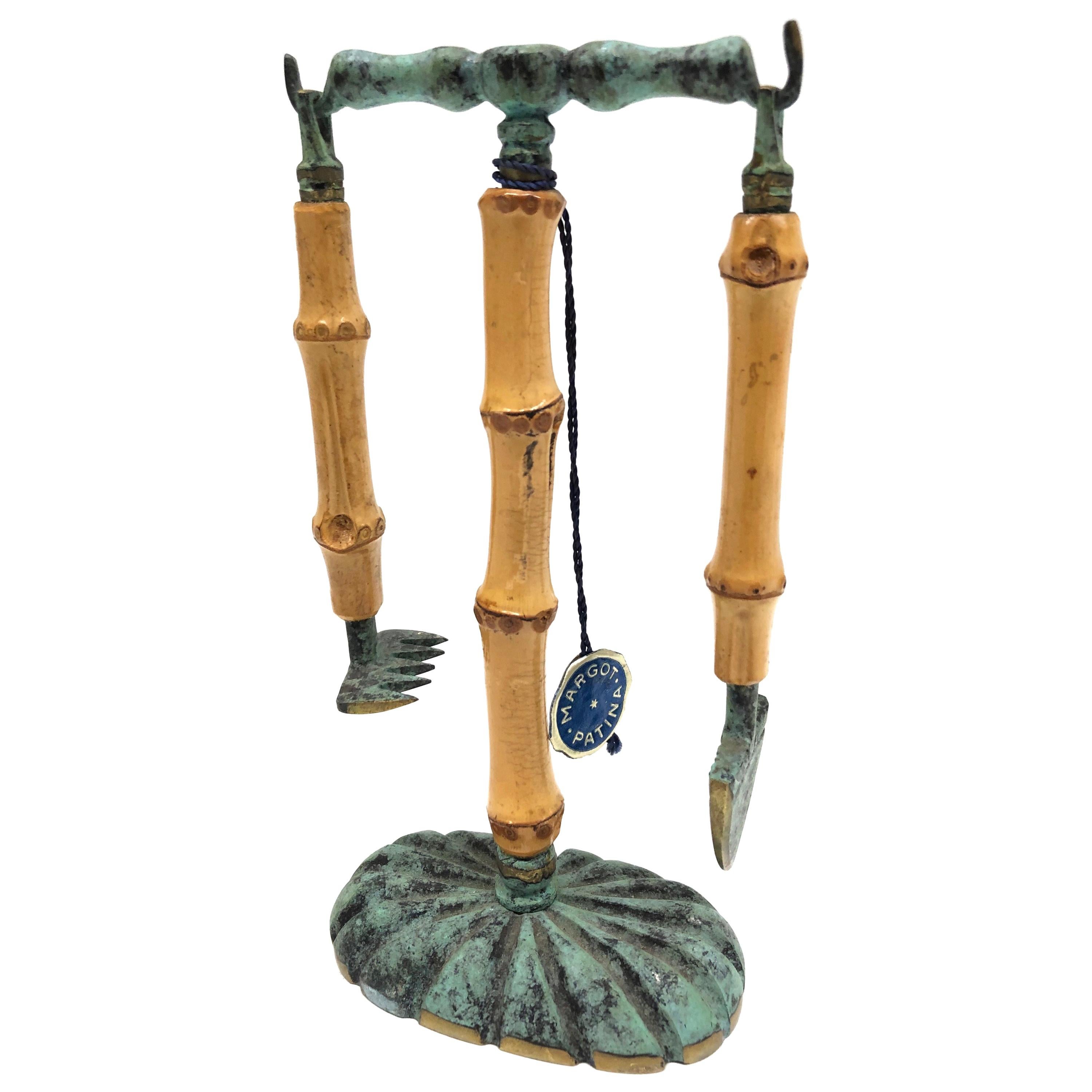 Bronze and Bamboo Handle Flower Pot Cactus Gardening Tool Set, German, 1950s For Sale