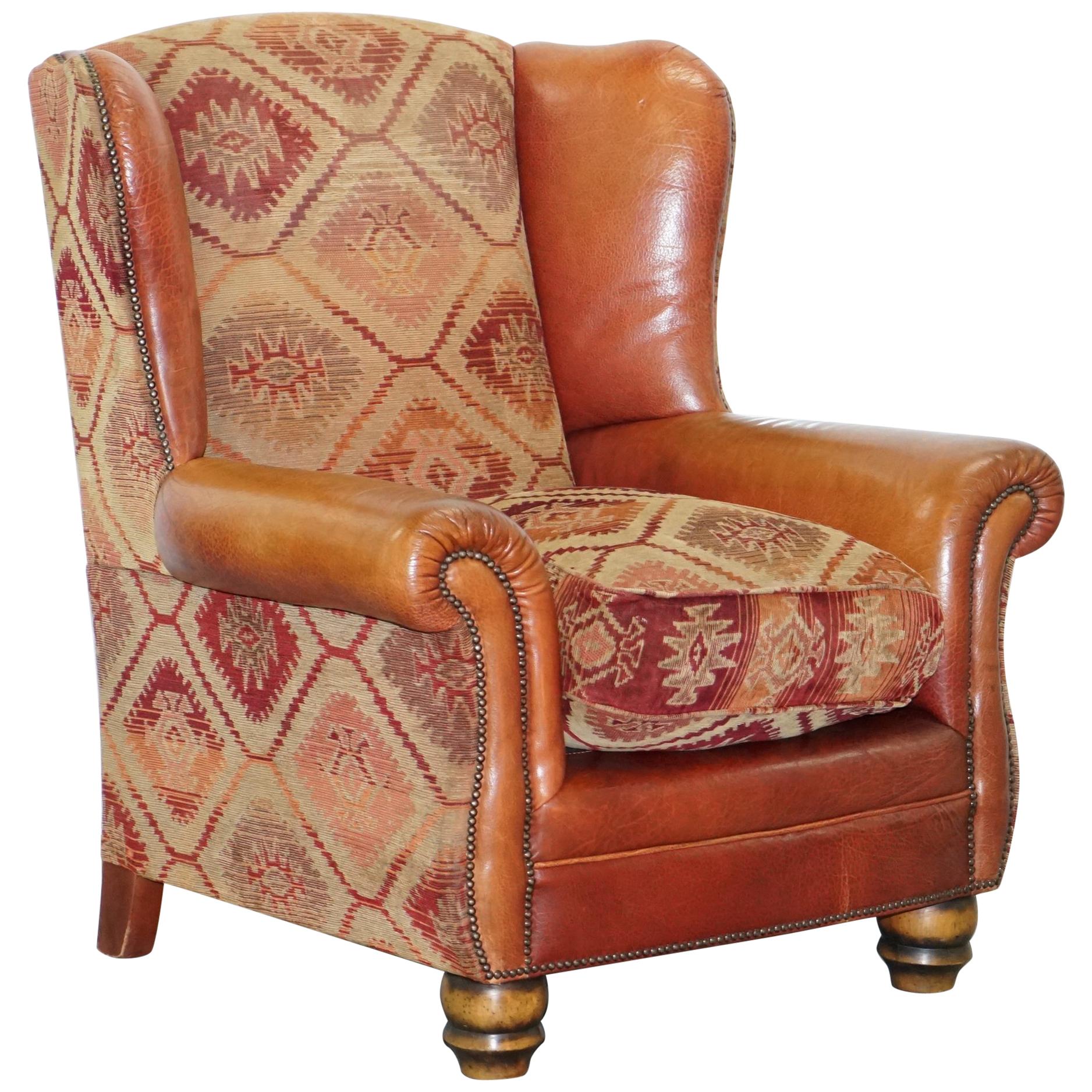 Tetrad Eastwood Brown Leather and Kilim Upholstery Armchair Lovely