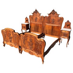 Original Antique Double Bed with Nightstands, Carved Details