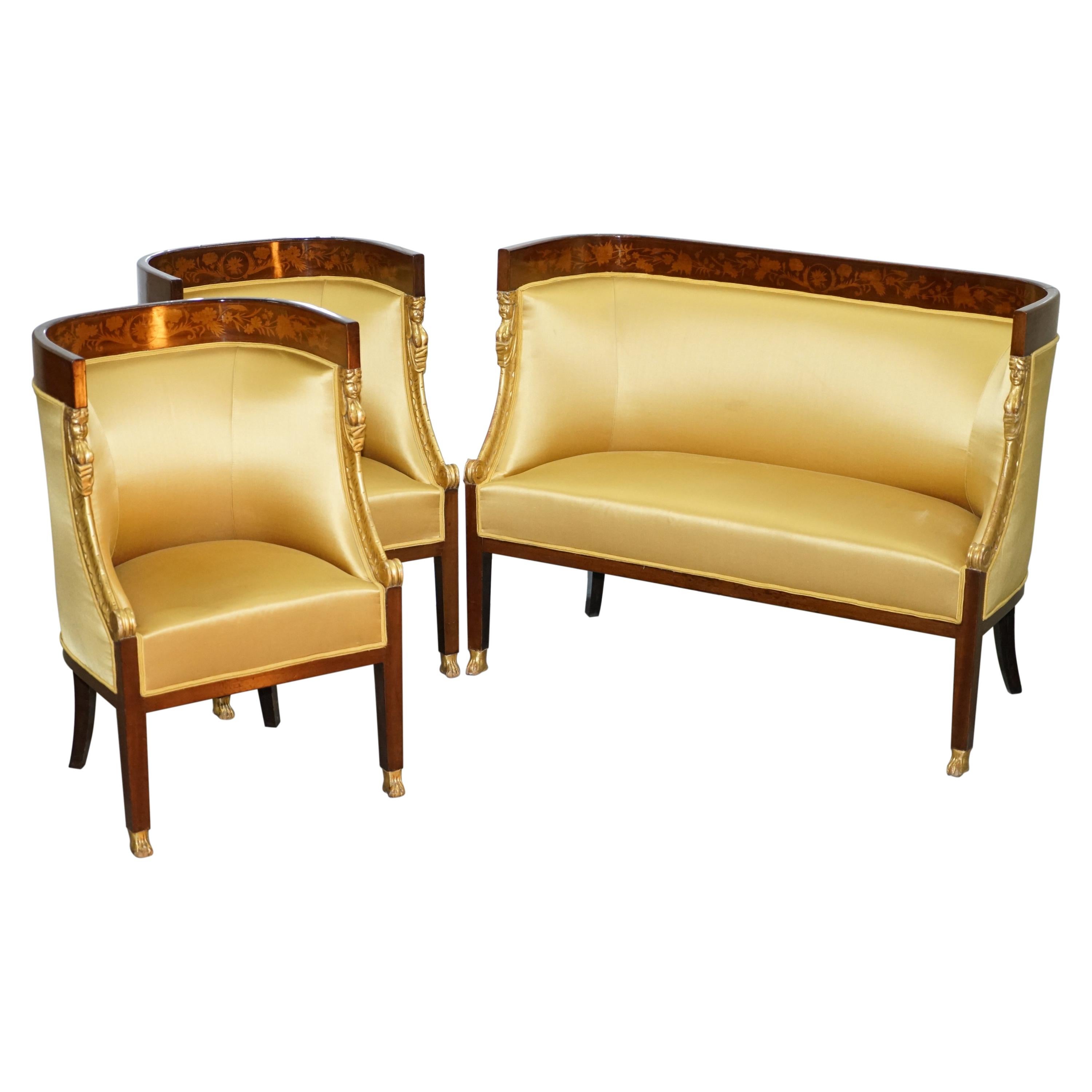 1870 French Empire Marquetry Inlaid Suite Berger Armchairs & Settee Canape, Pair For Sale