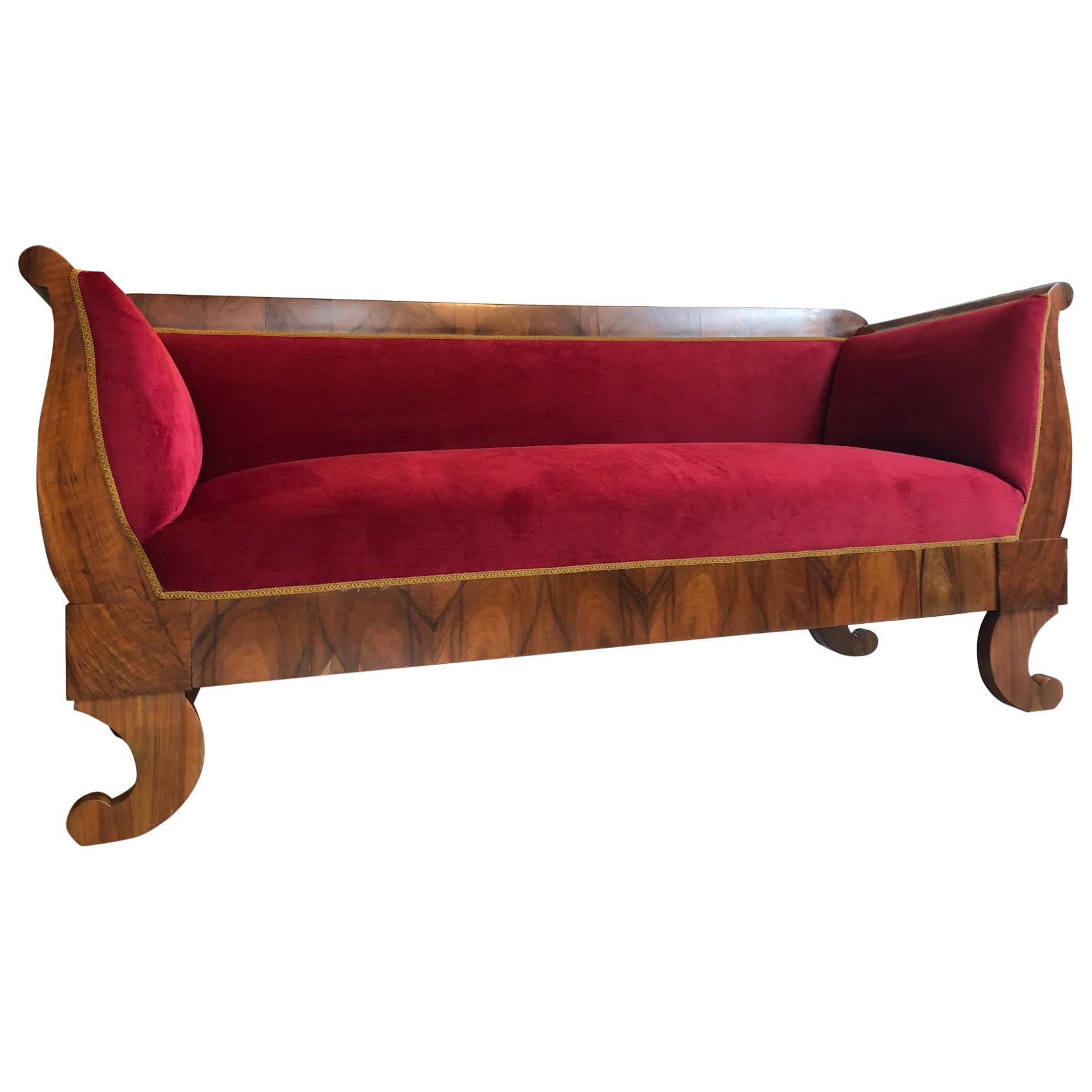 Restored Original Biedermeier Sofa Made of Walnut, Red Velvet For Sale