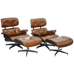 Pair of Vintage Heritage Brown Leather Lounge Armchairs & Matching Ottoman Eames