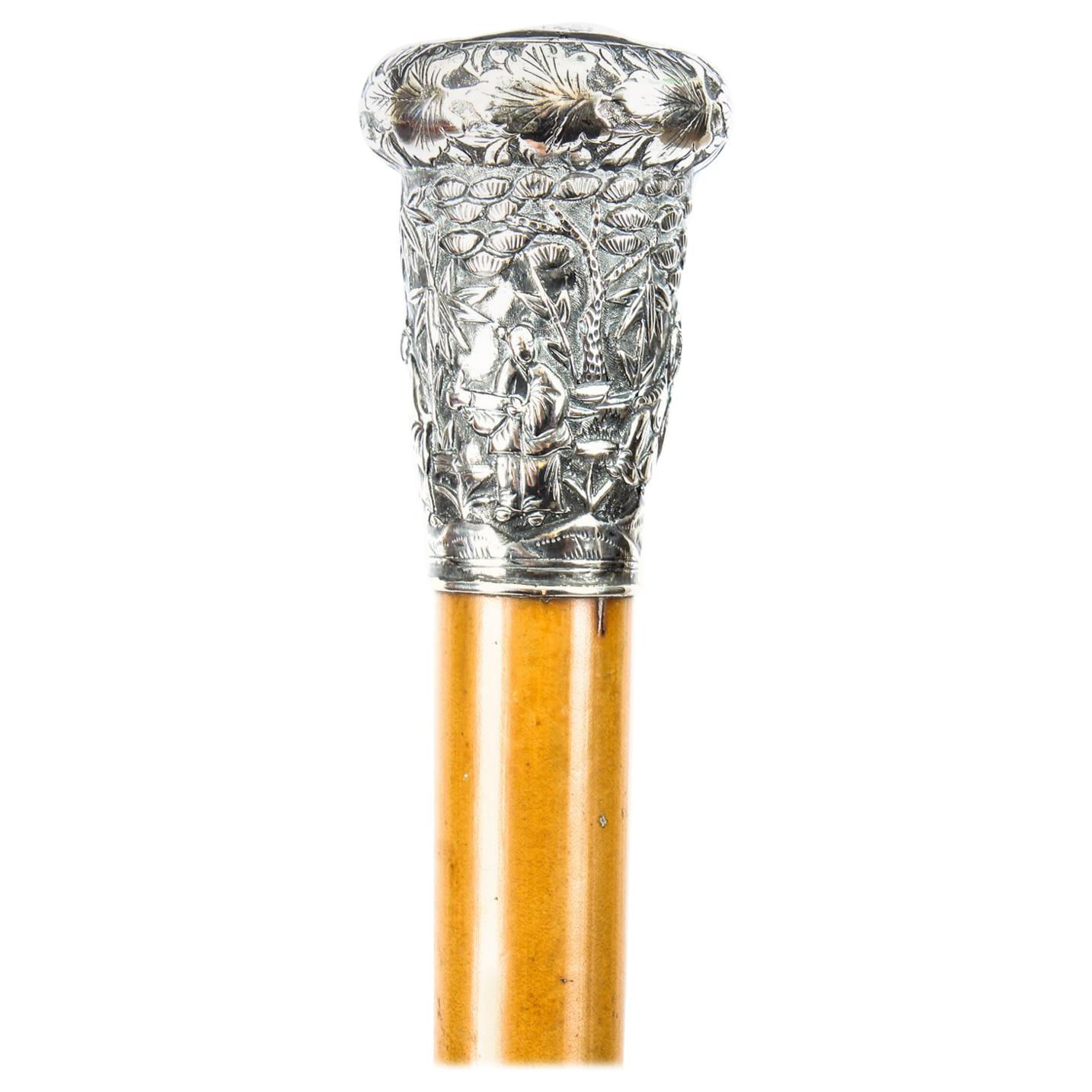 19th Century Chinese Silver Walking Stick Cane