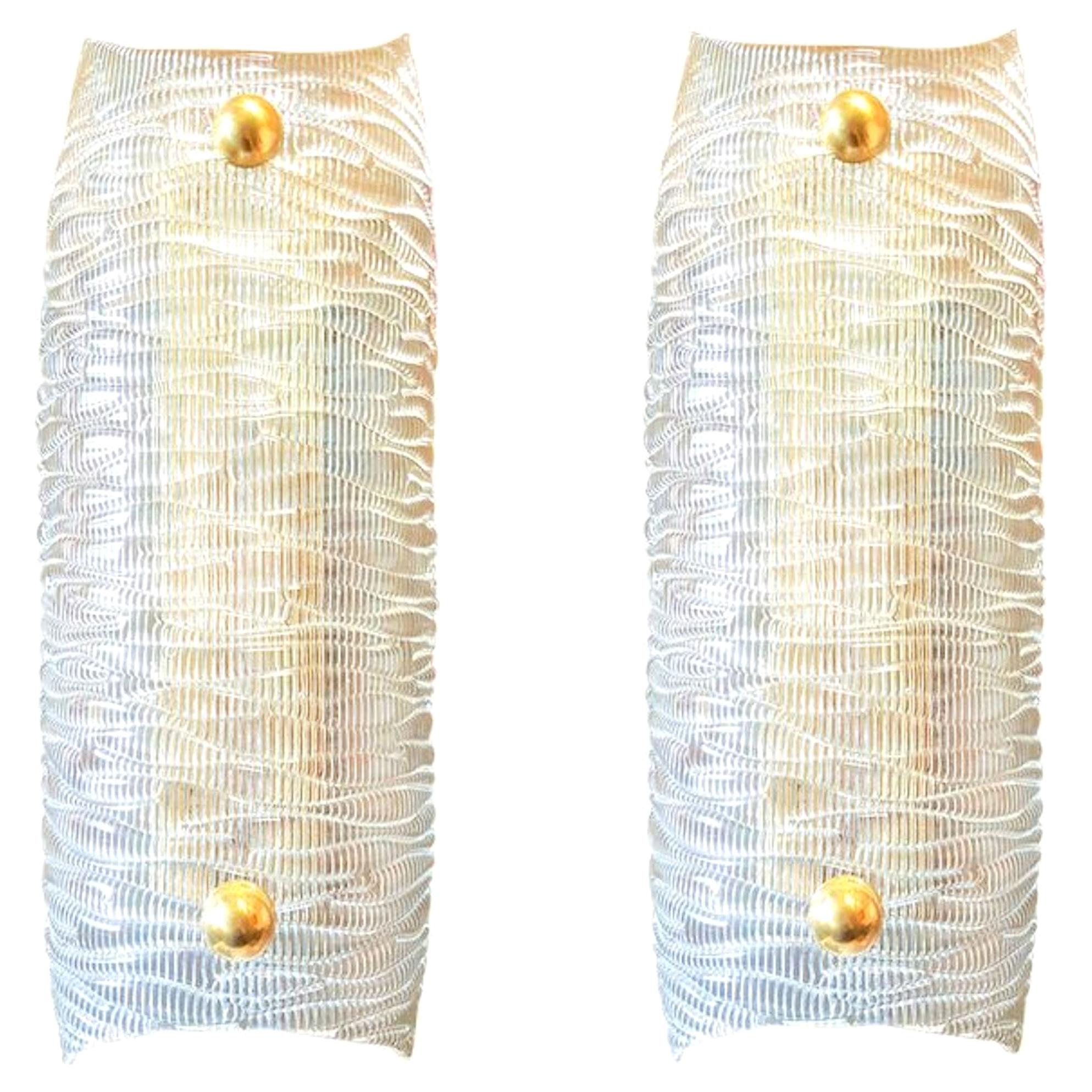 Pair of Mid-Century Modern Clear Textured Murano Glass and Brass Sconces, 1960s