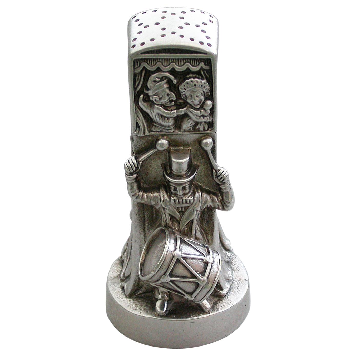 Victorian Novelty Cast Silver Punch & Judy Booth Pepper Pot For Sale